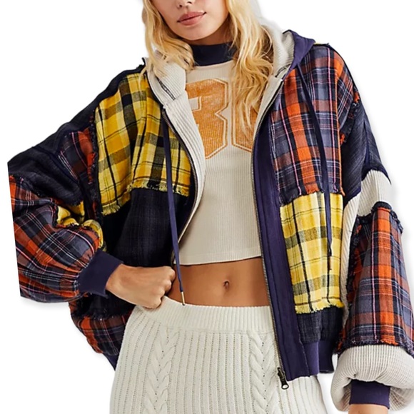 🎉 HP 🎉New Free People We The Free Patch & Reverse XS Blue Yellow Plaid Hoodie - Picture 1 of 4